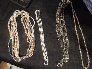 lot 553 image: Unique silver, amethyst bead, and pearl necklace, 8 strand multi color faux pearl necklace and seed bead white necklace