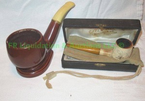 lot 5 image: Murat Meerschum hand crafted bone tobacco pipe with original box and figural ceramic pipe ashtray