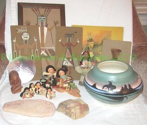 lot 14 image: Native American themed collectibles including hand crafted bowl signed by artist