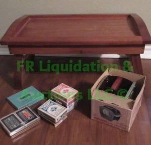 lot 29 image: Playing cards, card shuffler and wood playing tray