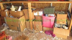 lot 324 image: Contents under workbench including household items, dishes, collectibles and more as shown