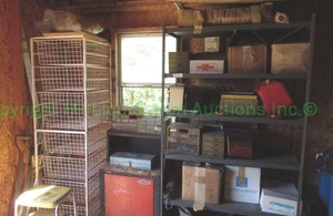 lot 331 image: Metal utility shelf and contents plus contents of shed corner