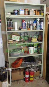lot 317 image: Metal Shelving unit and contents including household chemicals plus