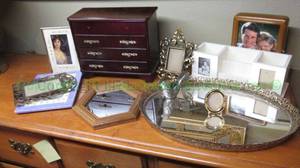 lot 245 image: Jewelry box, vanity tray and picture frames