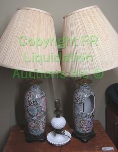 lot 259 image: Hobnail milk glass lamp and matching floral theme lamps (one is broken)