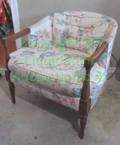 lot 72 image: Grimes design studio wood frame upholsetered barrel chair