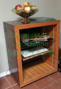 lot 112 image: Oak wood utility cabinet and contents
