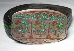 lot 344 image: Sterling silver with precious stone inlay Navajo belt buckle signed HMIJ (Hand Made Indian Jewelry)