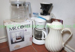 lot 89 image: Mr. Coffee 4 cup coffee maker in original box and other coffee related items