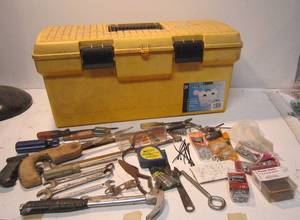 lot 453 image: Yellow Contico Tool Box w Assorted Tools &amp Hardware