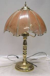 lot 759 image: Brass-Finish Table Lamp w Glass-Panel Shade