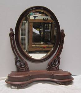 lot 747 image: Vintage Ladies Dressing Table Top w Wood-Framed Oval Mirror