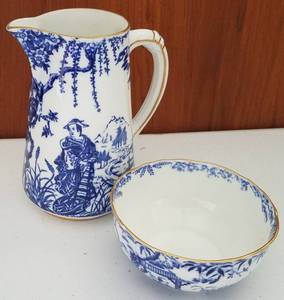 lot 192 image: ROYAL CROWN DERBY BLUE MIKADO PATTERN DEMITASSE PITCHER AND SMALL BOWL SET