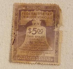 lot 34 image: VINTAGE 1944 MOTOR VEHICLE TAX STAMP