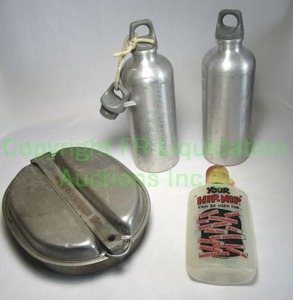 lot 506 image: Camp dish set and water canisters plus vintage flask