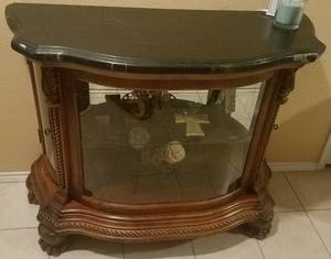 lot 3 image: MARBLE TOP WITH GLASS DISPLAY ENTRY  HALL TABLE (45 W x 18.75 D x 36.5 H)