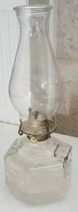 lot 132 image: VINTAGE GLASS OIL LAMP WITH HURRICANE