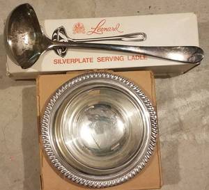 lot 240 image: VINTAGE LEONARD SILVER PLATE LADLE AND SERVING DISH