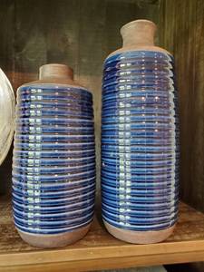 lot 49 image: Two Ribbed Glazed Blue Vases
