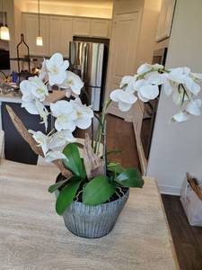 lot 84 image: Metal Container with Driftwood & Faux Orchid