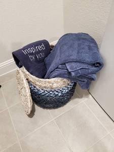 lot 102 image: Ombre Woven Lidded Basket with Towels