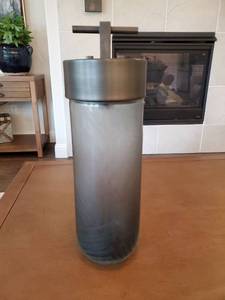 lot 133 image: Textured Grey Ombre Glass Container with Metal Lid & Handle