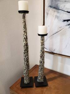 lot 139 image: Gold Colored Tree Bark Textured Metal Candleholders