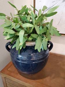 lot 140 image: Navy Terracotta Pot with Faux Greenery