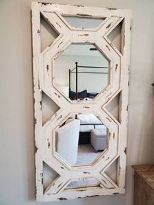 lot 161 image: Large Architectural Distressed Wood Wall Hanging with Mirrors