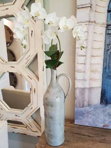 lot 163 image: Distressed Grey Ceramic Pitcher with Faux Orchids