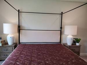 lot 175 image: King Metal Canopy Style Bed with Upholstered Headboard