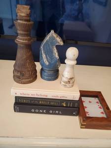lot 202 image: Three Decorative Chess Pieces, Cards & 3 Books