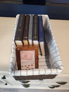 lot 203 image: Woven Basket with Liner, Cards & 5 Books