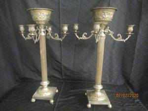 lot 29 image: DUO ANTIQUE SILVER&nbsp 30 HEIGHT 4 ARM CANDELABRA CANDLE HOLDER WITH CENTER TOP FLOWER BOWL&nbsp FLOOR STANDING OR TABLE TOP