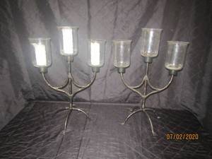 lot 16 image: DUO 32 HEIGHT&nbsp WROUGHT METAL 3 ARM PILLAR CANDELABRA HURRICANE GLASS CANDLE HOLDERS&nbsp FLOOR STANDING 0R CENTERPIECE