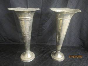 lot 27 image: DUO ANTIQUE SILVER TRUMPET VASES WITH SCALLOPED RIM&nbsp 20 HEIGHT 10 DIAM