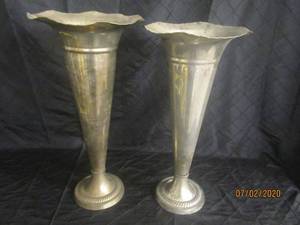 lot 28 image: DUO ANTIQUE SILVER TRUMPET VASES WITH&nbsp SCALLOPED RIM&nbsp20  HEIGHT&nbsp 10  DIAM