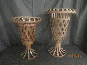 lot 80 image: DUO 21 &amp 25 HEIGHT WROUGHT METAL&nbsp PATIO PLANT STAND&nbsp