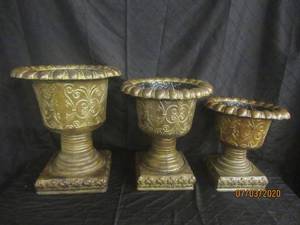 lot 89 image: TOTAL OF 3 METAL URN PLANTERS INDOOR OR OUTDOOR&nbsp&nbsp 19 H&nbsp 17 H&nbsp 14  H&nbsp
