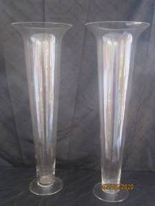 lot 138 image: DUO CLEAR GLASS FLARED TRUMPET 28  HEIGHT VASES 9.5 DIAM