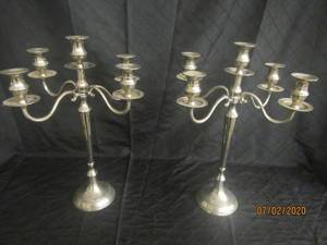 lot 32 image: DUO ANTIQUE SILVER 20 HEIGHT 5 ARM CANDELABRA TABLE TOP CANDLE HOLDER