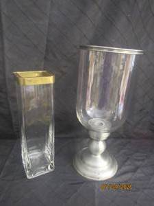 lot 234 image: TOTAL OF 2 GLASS VASE&nbsp&nbsp14 H CLEAR GLASS VASE WITH GOLD RIM&nbsp&nbsp17 H&nbsp PEDESTAL GLASS VASE WITH CHROME RIM &amp &nbsp BASE &nbsp