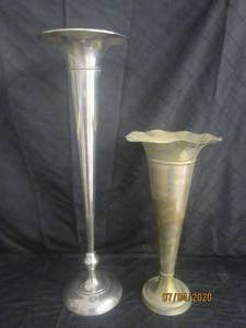 lot 314 image: 29.5 H&nbsp ANTIQUE SILVER FLUTE SHAPE VASE &amp&nbsp 20 H SILVER TRUMPET VASE WITH SCALLOPED RIM&nbsp
