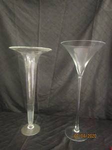 lot 321 image: DUO TRUMPET TAPERED FLARED CLEAR GLASS VASE&nbsp&nbsp25 H X 12 DIAM&nbsp27 H X 12 DIAM&nbsp
