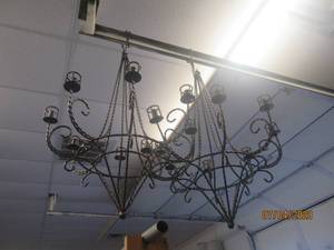 lot 344 image: DUO&nbsp ANTIQUE WROUGHT IRON 8 ARM CHANDELIER CANDELABRA&nbsp
