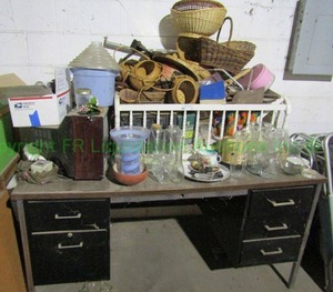 lot 21 image: Assorted glassware, baskets desk and more as shown