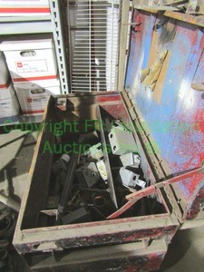 lot 104 image: Metal job box with assorted industrial parts and hardware