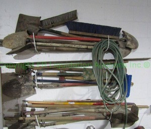 lot 111 image: Assorted shovels, rakes and more as shown
