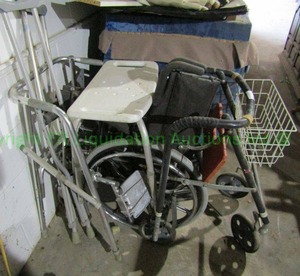 lot 116 image: Health & medical assistance equipment including wheel chair, shower bench plus