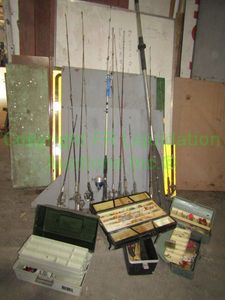 lot 18 image: Assorted fishing gear including poles, reels, tackle boxes and tackle